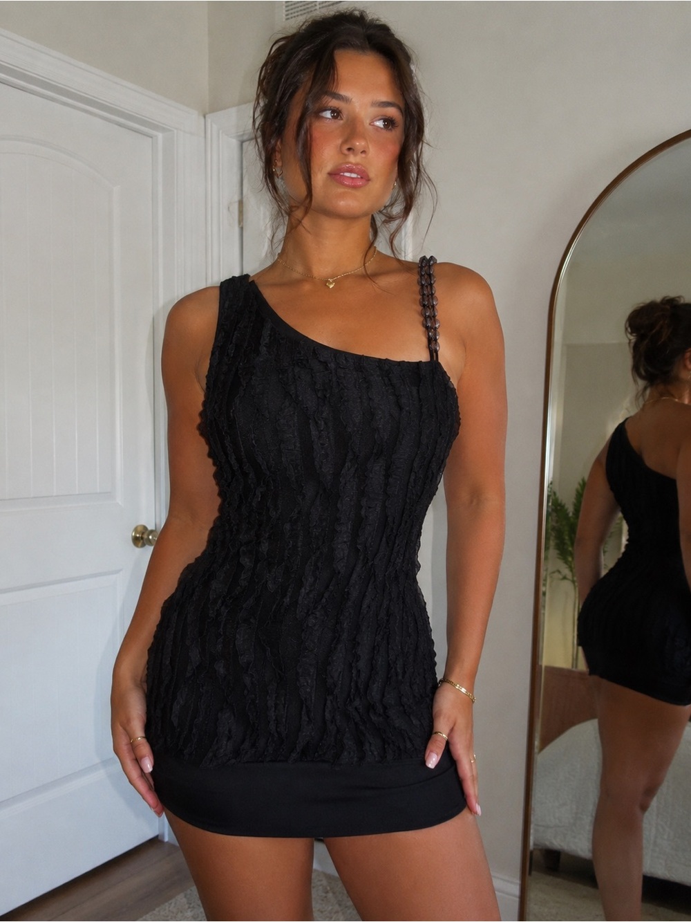 Y2K Charlotte Russe Black Lace Bondage Ruffle  Beaded Strap Mini Dress Clubbing